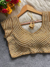 Golden Pure Handwork Blouse with Pearls, Beads & Pipe Work | Ethnic & Handloom Style