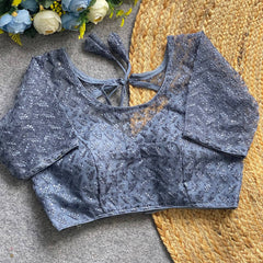 Soft pure nylon readymade blouse with chiffli embroidery thread and sequence work | Blue Gray