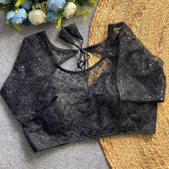 Soft pure nylon readymade blouse with chiffli embroidery thread and sequence work | Black