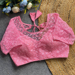 Soft pure nylon readymade blouse with chiffli embroidery thread and sequence work | Pink