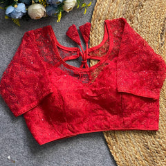 Soft pure nylon readymade blouse with chiffli embroidery thread and sequence work | Red