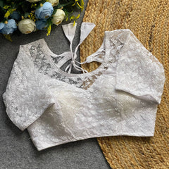 Soft pure nylon readymade blouse with chiffli embroidery thread and sequence work | White