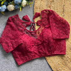 Soft pure nylon readymade blouse with chiffli embroidery thread and sequence work | Maroon