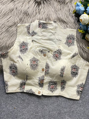 Pure Camric Khadi Cotton Sleeveless Blouse with Block Print | Ethnic & Handloom Style