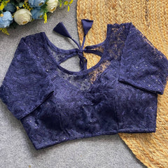 Soft pure nylon readymade blouse with chiffli embroidery thread and sequence work | Dark Blue