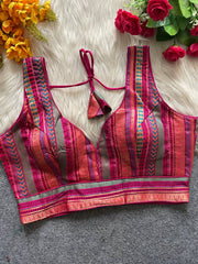 Fancy Partywear design with Banarasi Jacquard Blouse SLEEVELESS | Pink