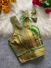Fancy Partywear design with Banarasi Jacquard Blouse SLEEVELESS | Green