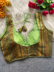 Fancy Partywear design with Banarasi Jacquard Blouse SLEEVELESS | Green