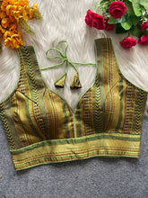 Fancy Partywear design with Banarasi Jacquard Blouse SLEEVELESS | Green