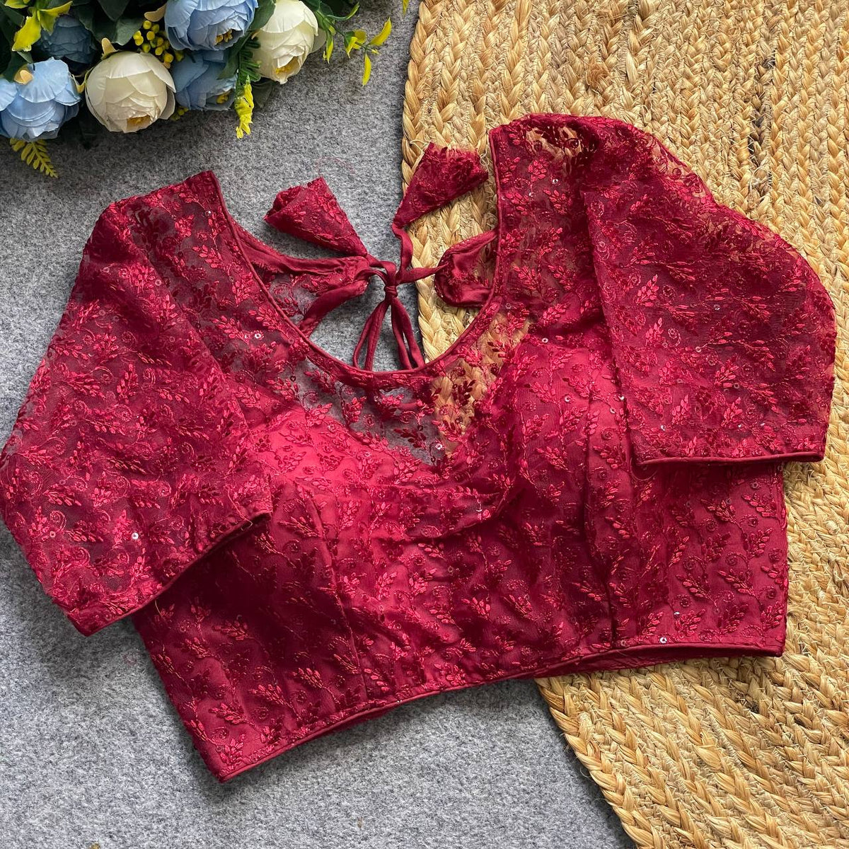 Soft pure nylon readymade blouse with chiffli embroidery thread and sequence work | Maroon