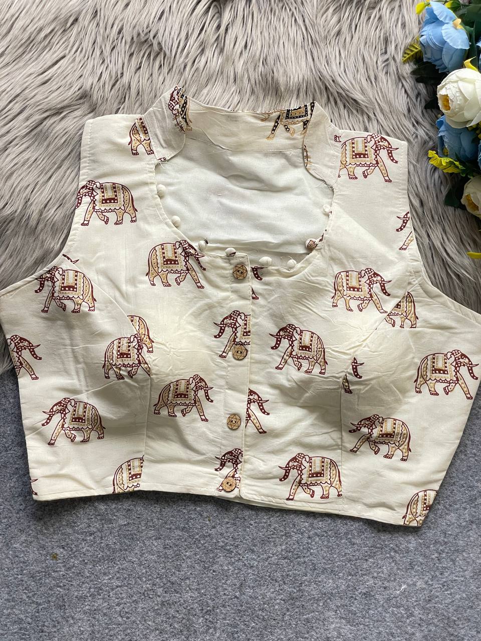 Pure Camric Khadi Cotton Sleeveless Blouse with Block Print | Ethnic & Handloom Style